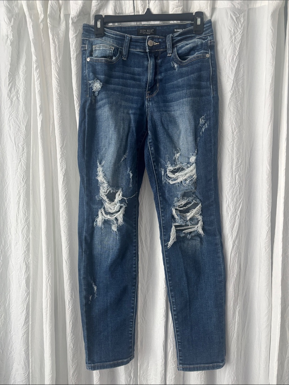 Judy Blue Mid/Dark Blue Distressed Boyfriend Jeans